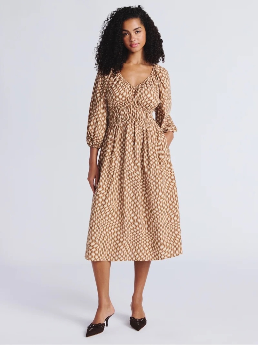 Time and Tru Brown Geometric Long Sleeve Dress